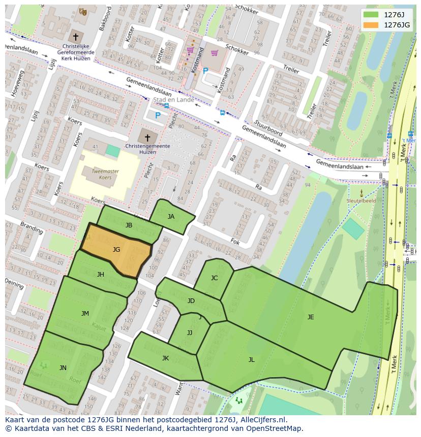 Afbeelding van het postcodegebied 1276 JG op de kaart.