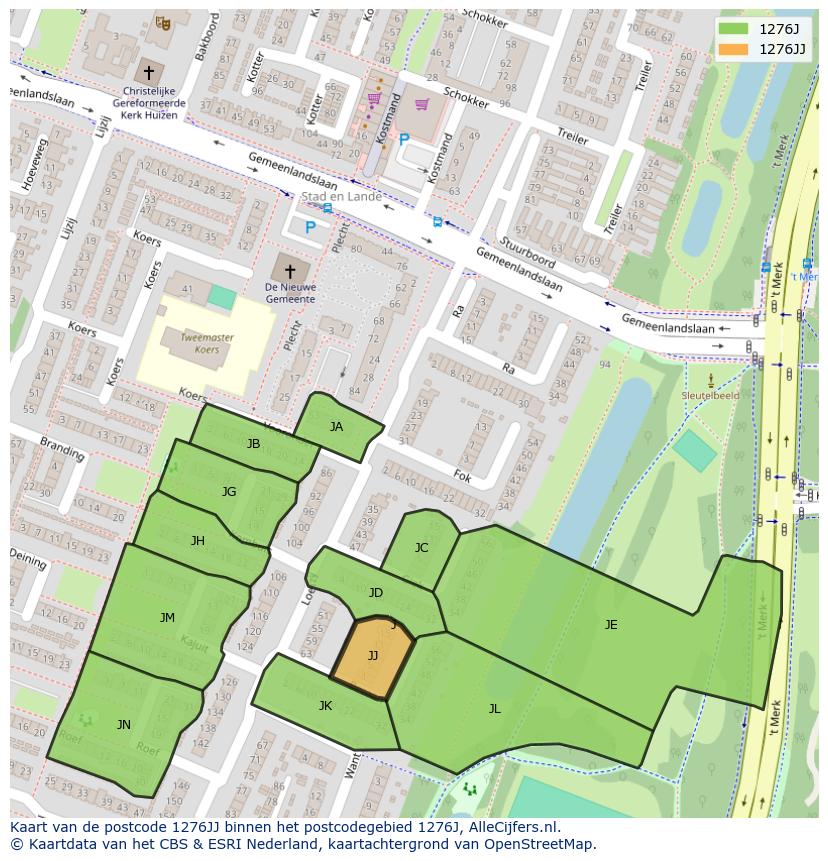 Afbeelding van het postcodegebied 1276 JJ op de kaart.