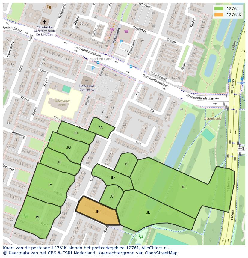 Afbeelding van het postcodegebied 1276 JK op de kaart.