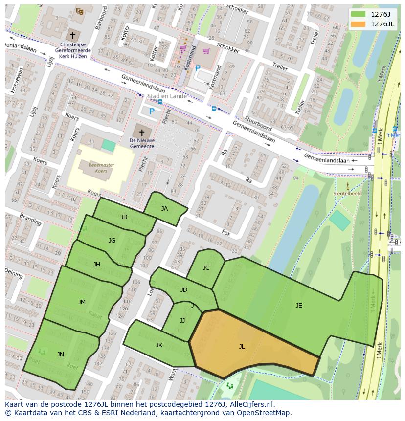 Afbeelding van het postcodegebied 1276 JL op de kaart.