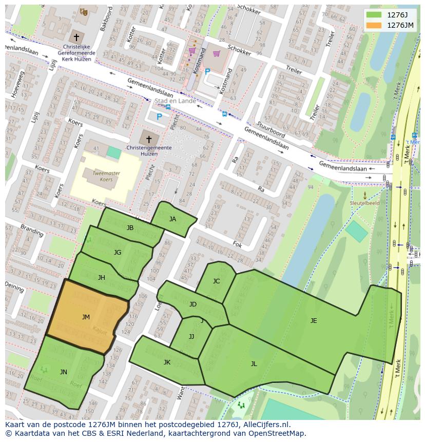 Afbeelding van het postcodegebied 1276 JM op de kaart.