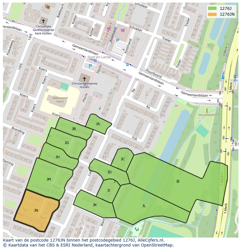 Afbeelding van het postcodegebied 1276 JN op de kaart.