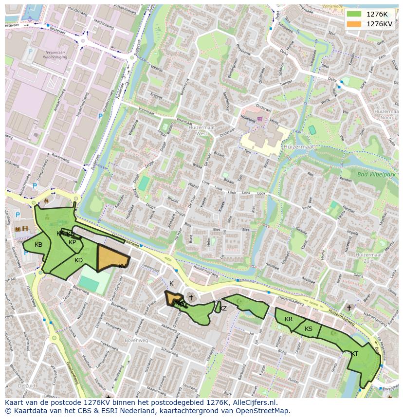 Afbeelding van het postcodegebied 1276 KV op de kaart.
