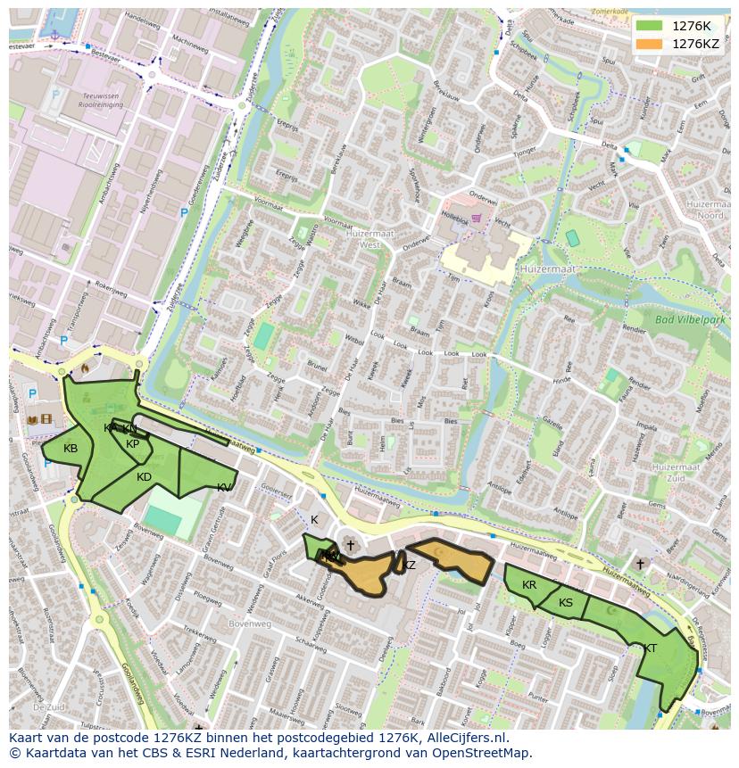 Afbeelding van het postcodegebied 1276 KZ op de kaart.