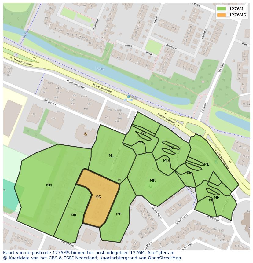 Afbeelding van het postcodegebied 1276 MS op de kaart.