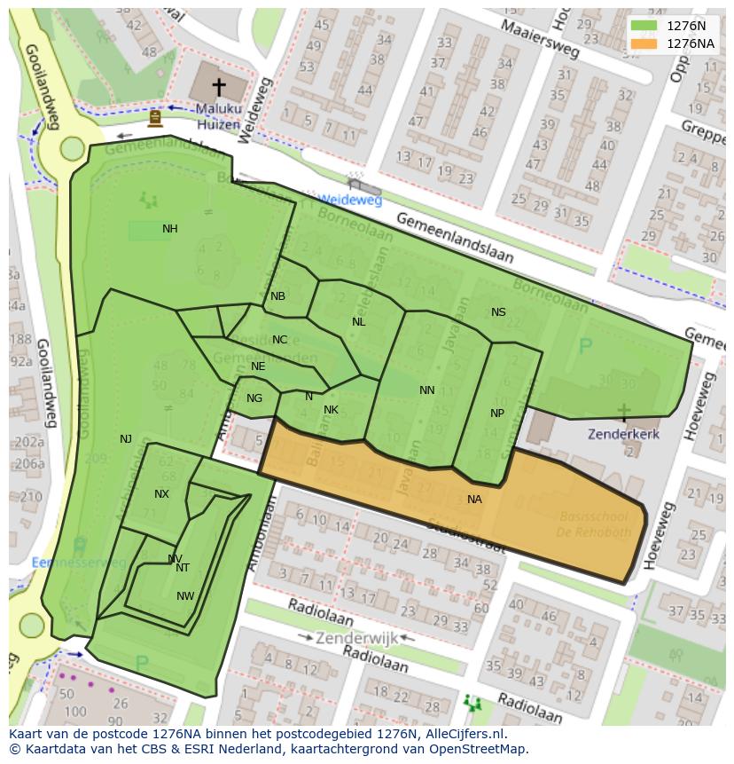 Afbeelding van het postcodegebied 1276 NA op de kaart.