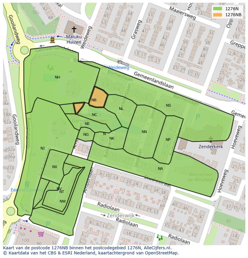 Afbeelding van het postcodegebied 1276 NB op de kaart.
