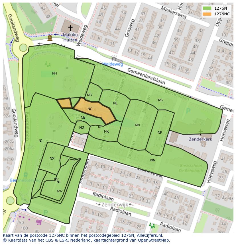 Afbeelding van het postcodegebied 1276 NC op de kaart.