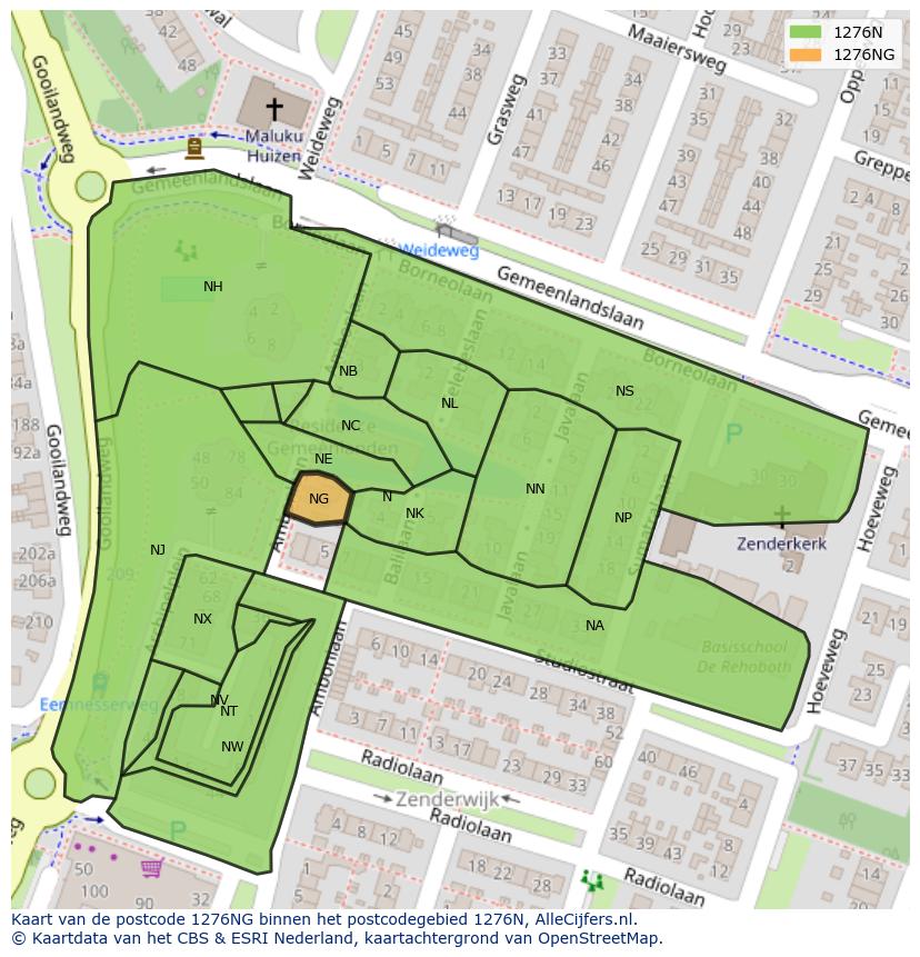Afbeelding van het postcodegebied 1276 NG op de kaart.