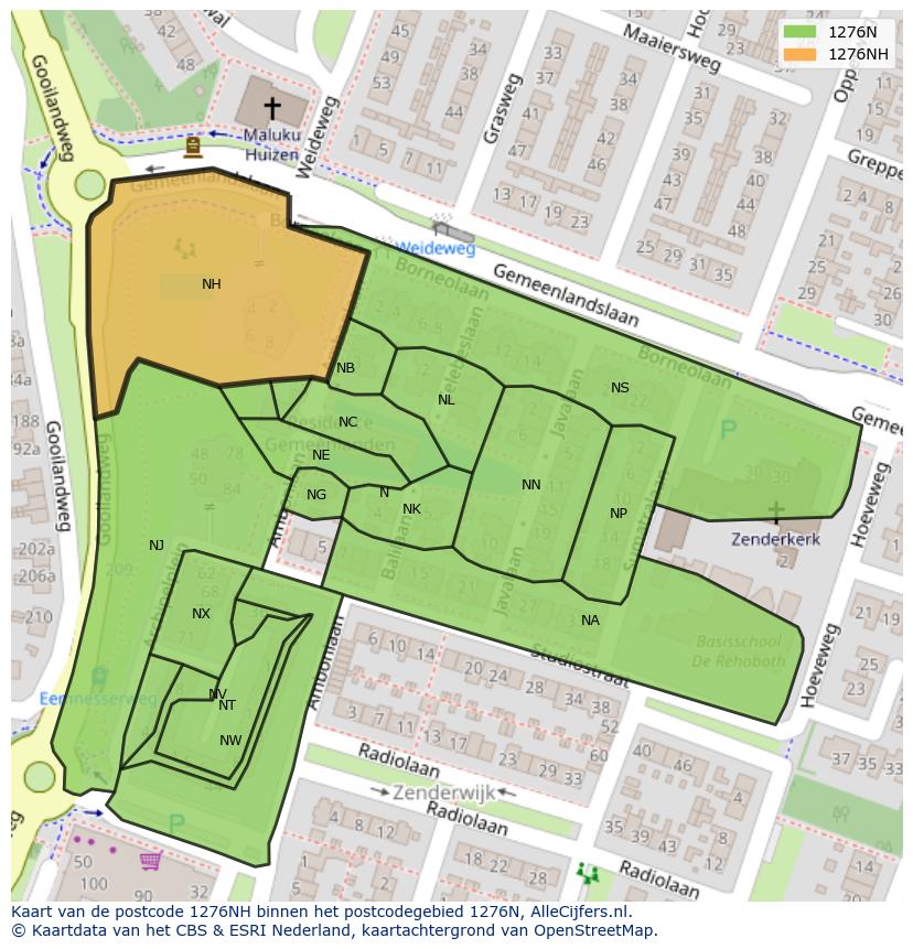 Afbeelding van het postcodegebied 1276 NH op de kaart.