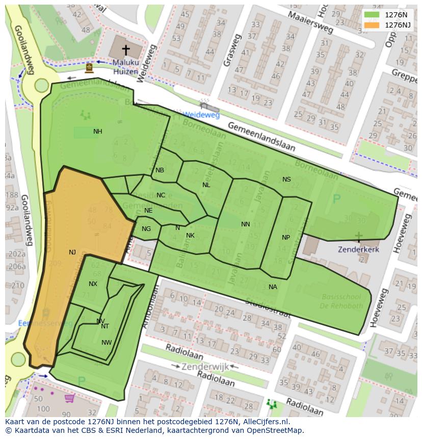 Afbeelding van het postcodegebied 1276 NJ op de kaart.