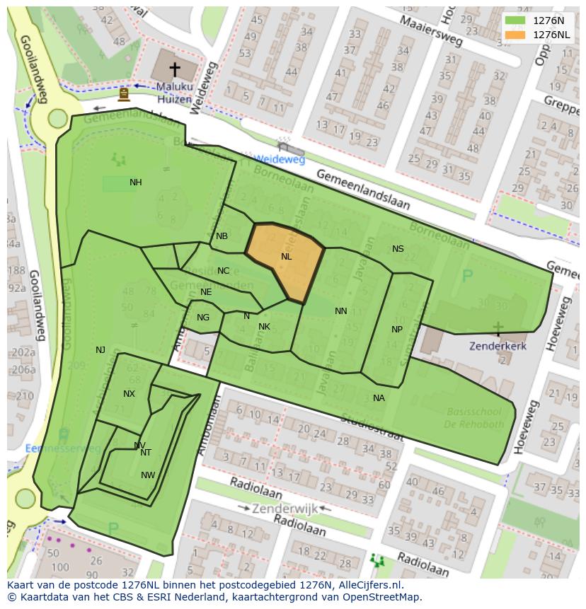 Afbeelding van het postcodegebied 1276 NL op de kaart.