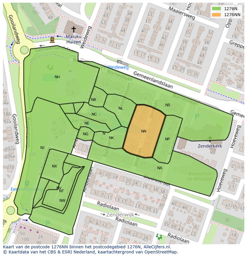 Afbeelding van het postcodegebied 1276 NN op de kaart.
