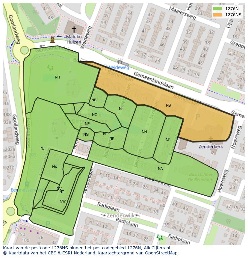 Afbeelding van het postcodegebied 1276 NS op de kaart.
