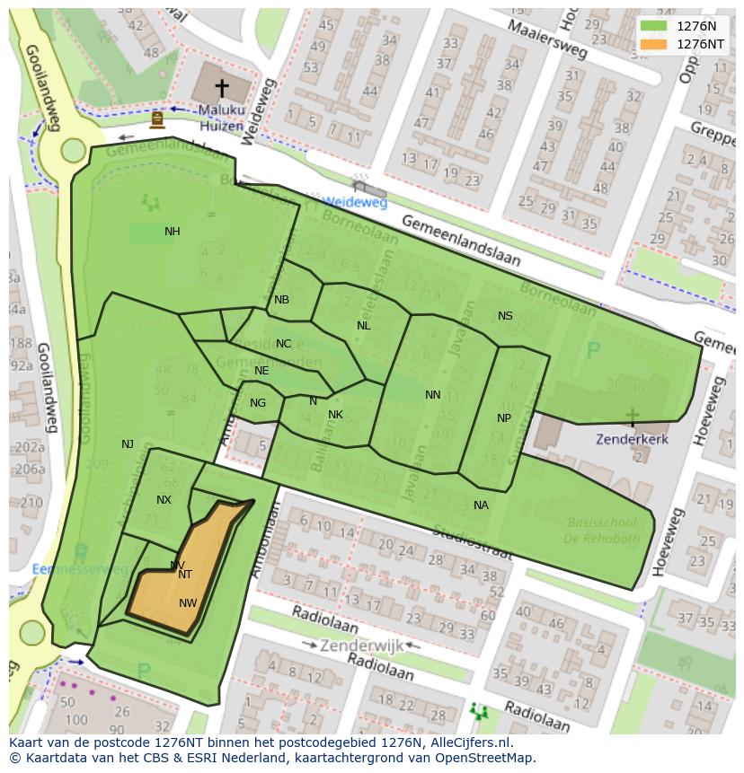 Afbeelding van het postcodegebied 1276 NT op de kaart.