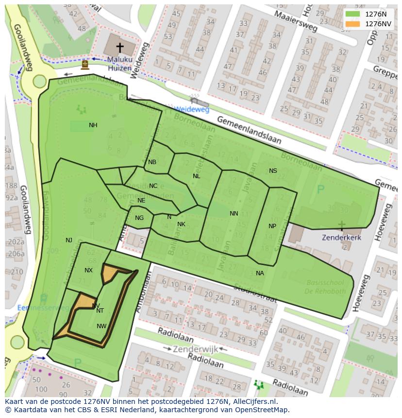 Afbeelding van het postcodegebied 1276 NV op de kaart.