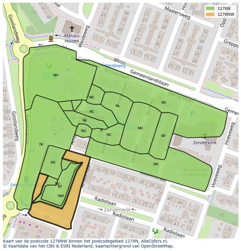 Afbeelding van het postcodegebied 1276 NW op de kaart.