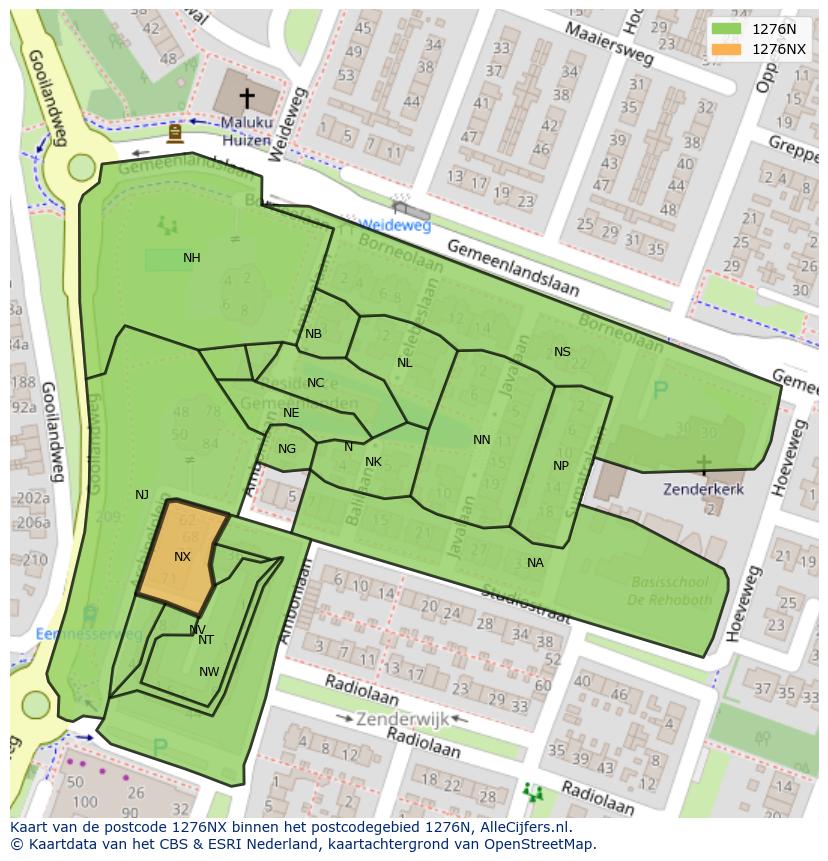 Afbeelding van het postcodegebied 1276 NX op de kaart.