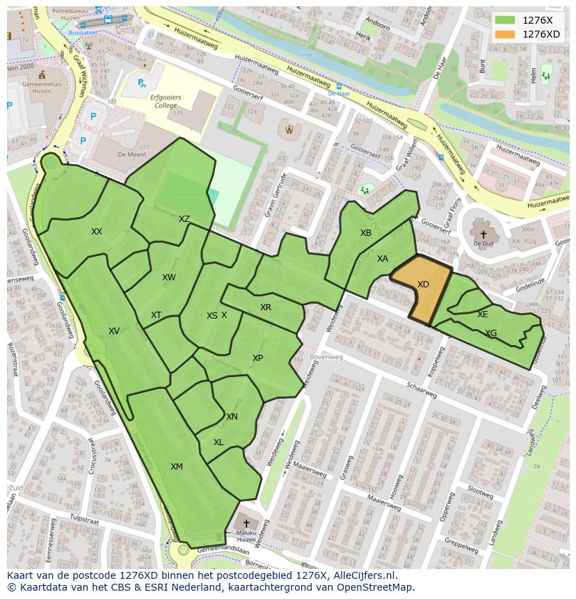 Afbeelding van het postcodegebied 1276 XD op de kaart.