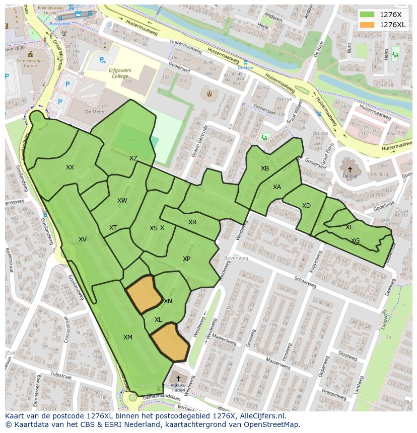 Afbeelding van het postcodegebied 1276 XL op de kaart.