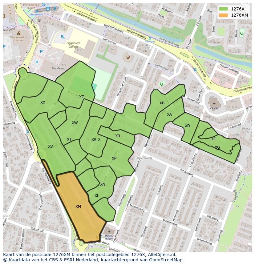 Afbeelding van het postcodegebied 1276 XM op de kaart.