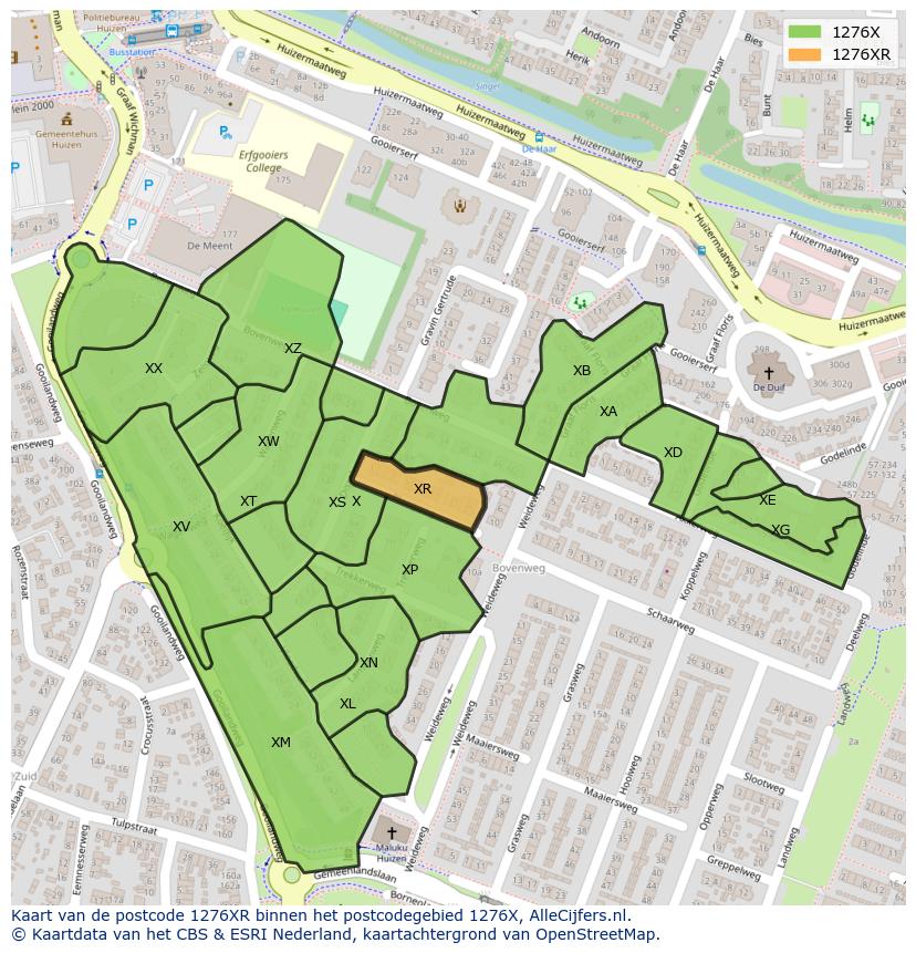 Afbeelding van het postcodegebied 1276 XR op de kaart.