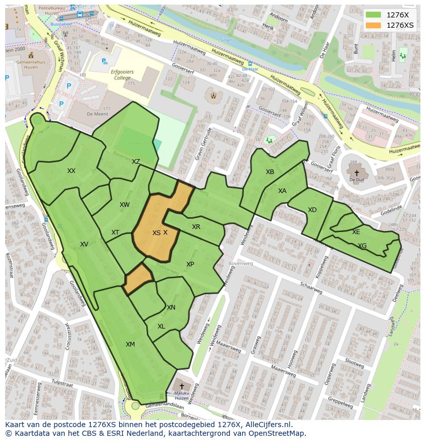Afbeelding van het postcodegebied 1276 XS op de kaart.