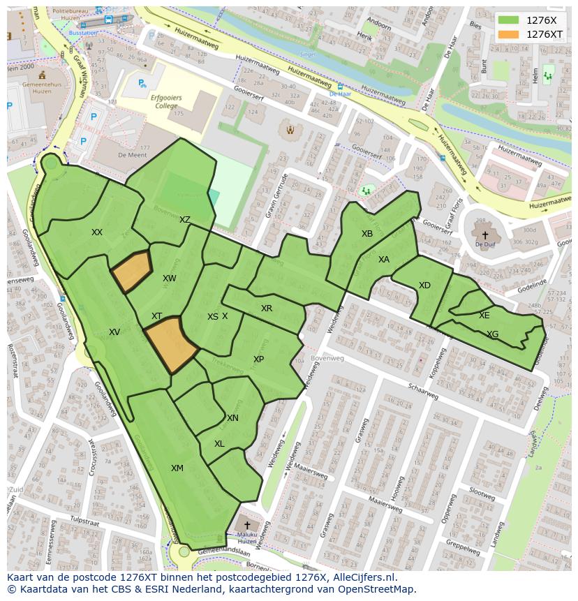 Afbeelding van het postcodegebied 1276 XT op de kaart.