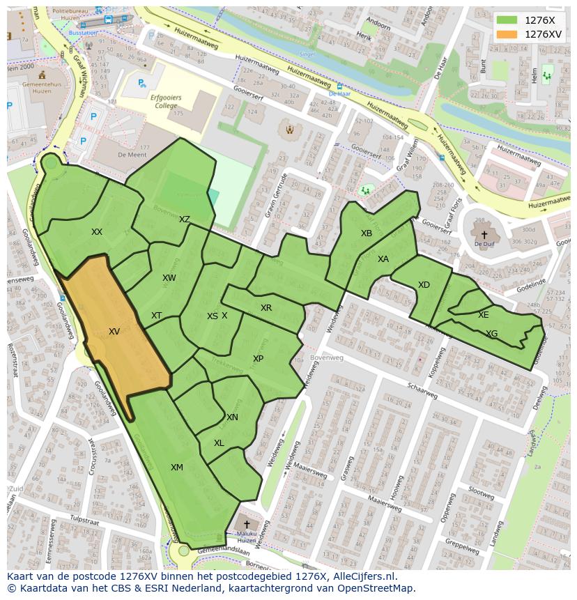 Afbeelding van het postcodegebied 1276 XV op de kaart.