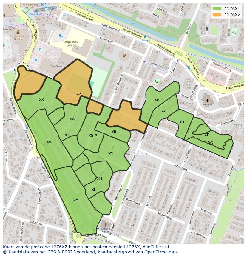 Afbeelding van het postcodegebied 1276 XZ op de kaart.