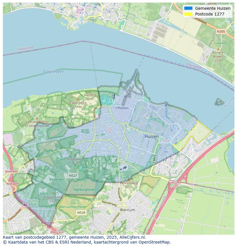 Afbeelding van het postcodegebied 1277 op de kaart.