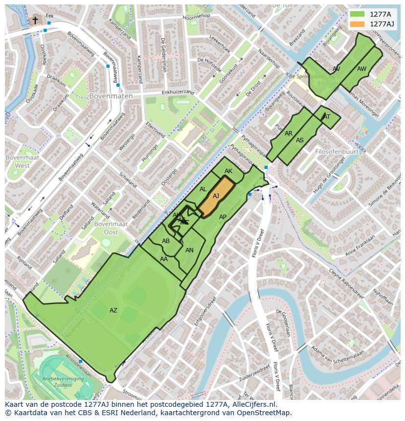 Afbeelding van het postcodegebied 1277 AJ op de kaart.