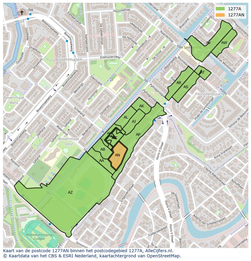 Afbeelding van het postcodegebied 1277 AN op de kaart.