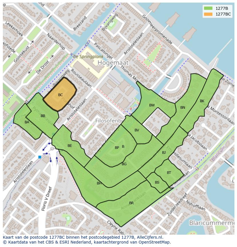 Afbeelding van het postcodegebied 1277 BC op de kaart.