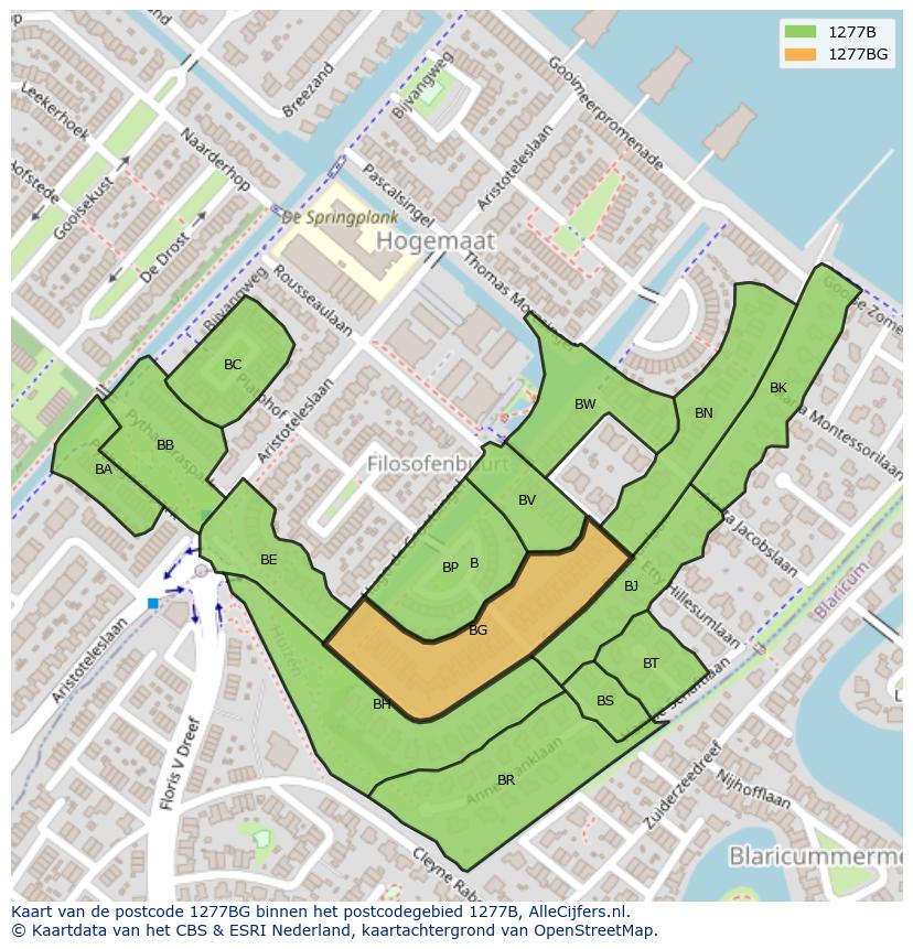 Afbeelding van het postcodegebied 1277 BG op de kaart.