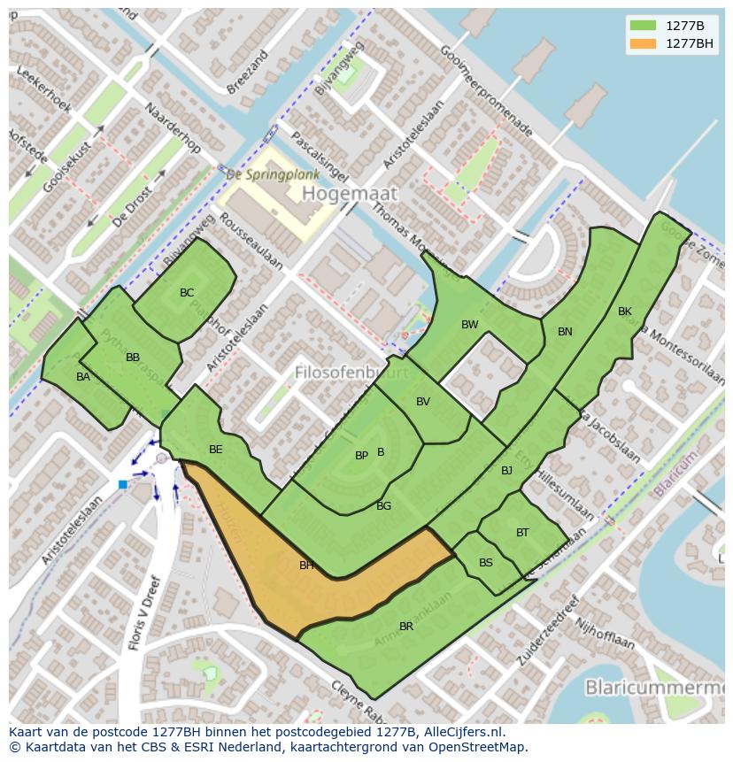 Afbeelding van het postcodegebied 1277 BH op de kaart.