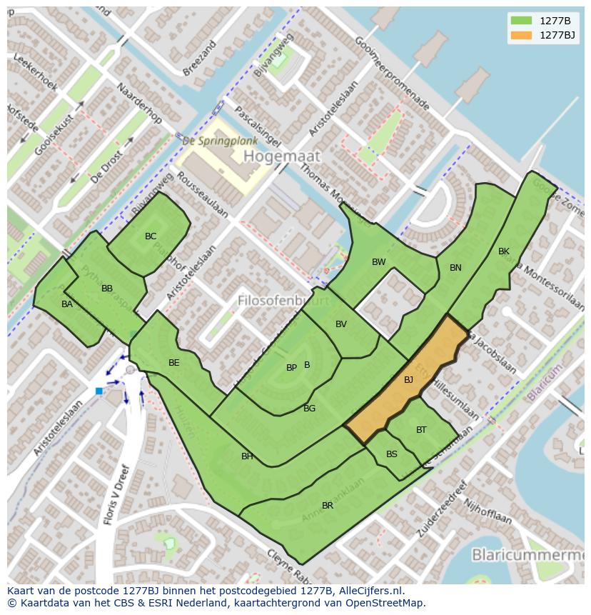 Afbeelding van het postcodegebied 1277 BJ op de kaart.