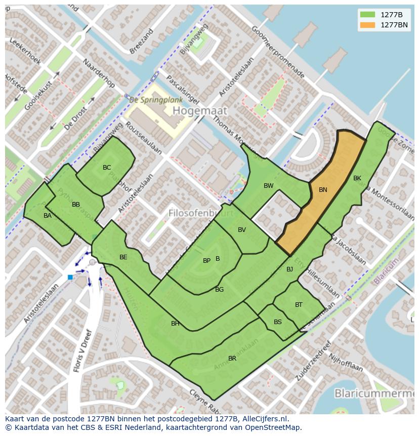 Afbeelding van het postcodegebied 1277 BN op de kaart.