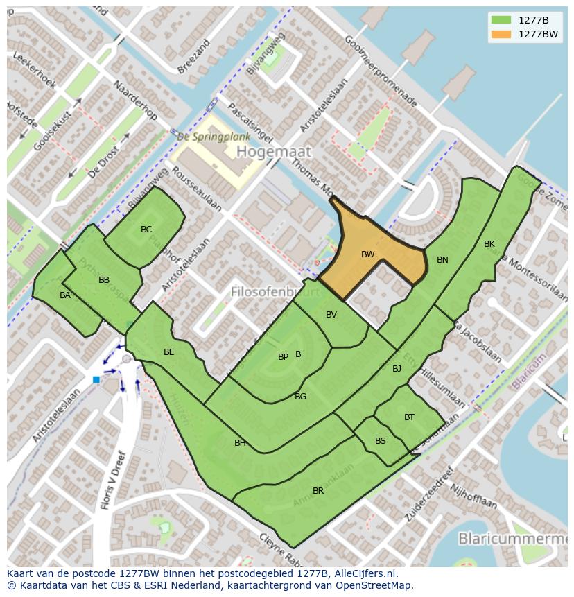 Afbeelding van het postcodegebied 1277 BW op de kaart.