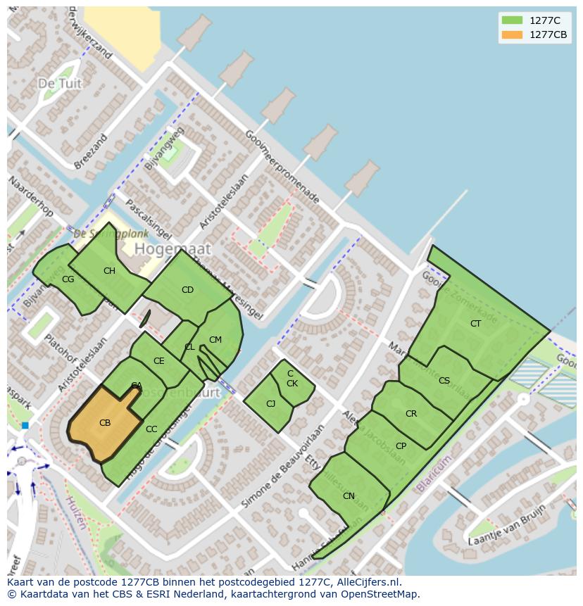 Afbeelding van het postcodegebied 1277 CB op de kaart.