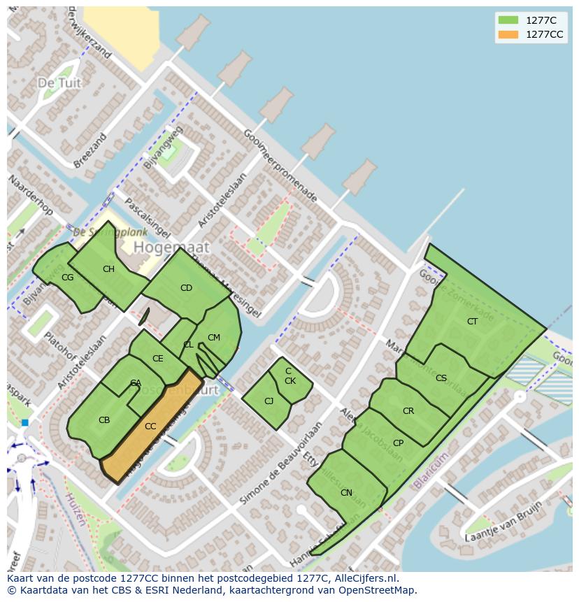 Afbeelding van het postcodegebied 1277 CC op de kaart.