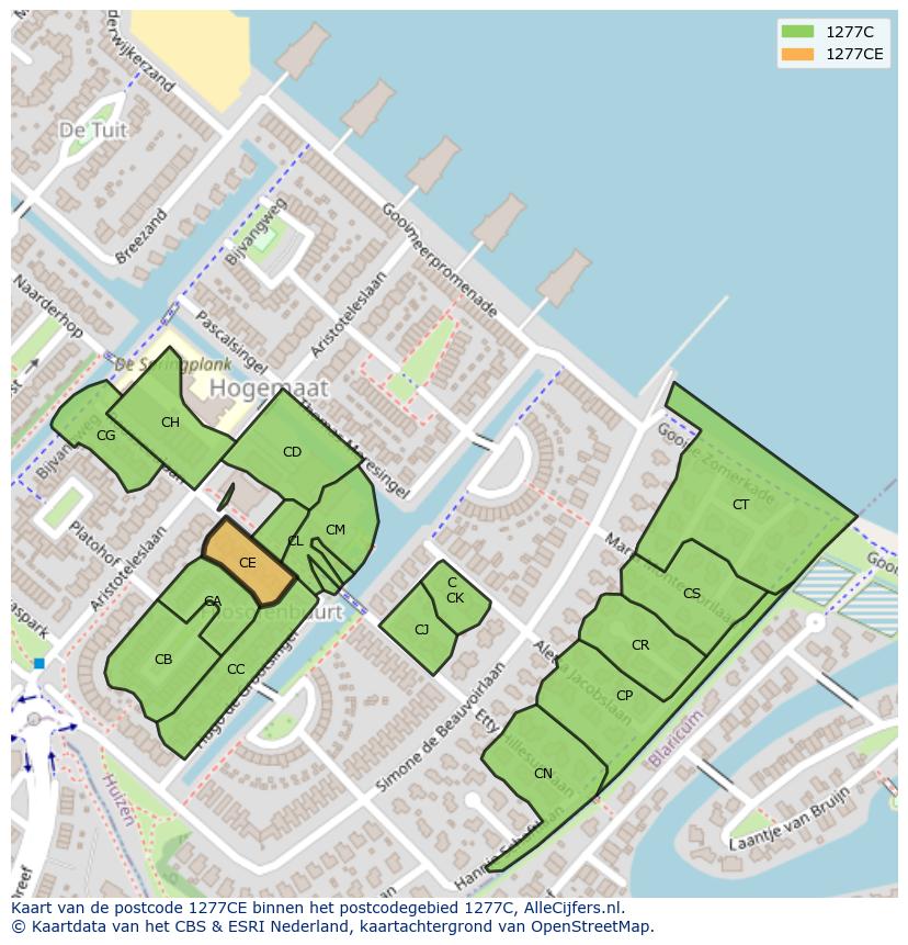 Afbeelding van het postcodegebied 1277 CE op de kaart.