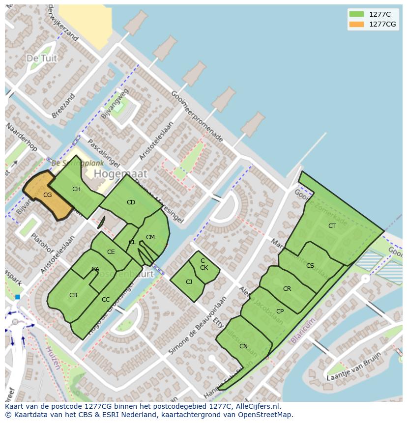 Afbeelding van het postcodegebied 1277 CG op de kaart.