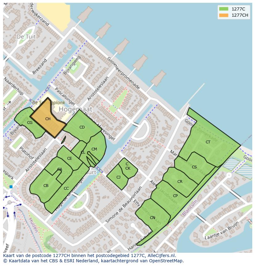 Afbeelding van het postcodegebied 1277 CH op de kaart.