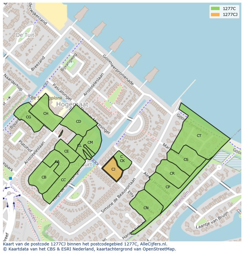 Afbeelding van het postcodegebied 1277 CJ op de kaart.