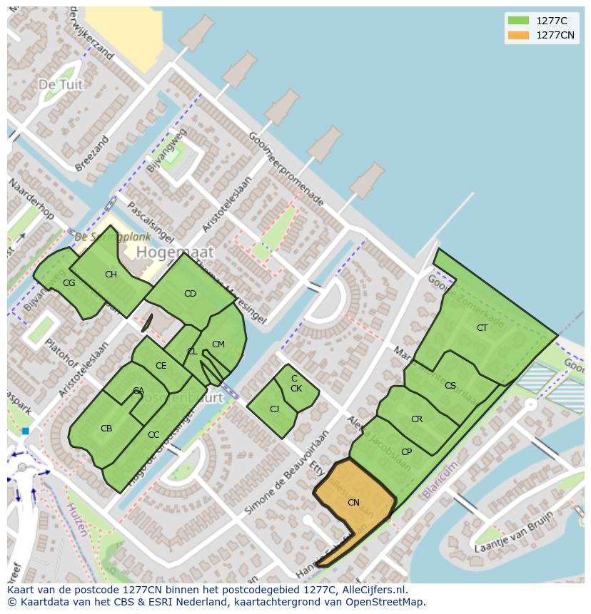Afbeelding van het postcodegebied 1277 CN op de kaart.