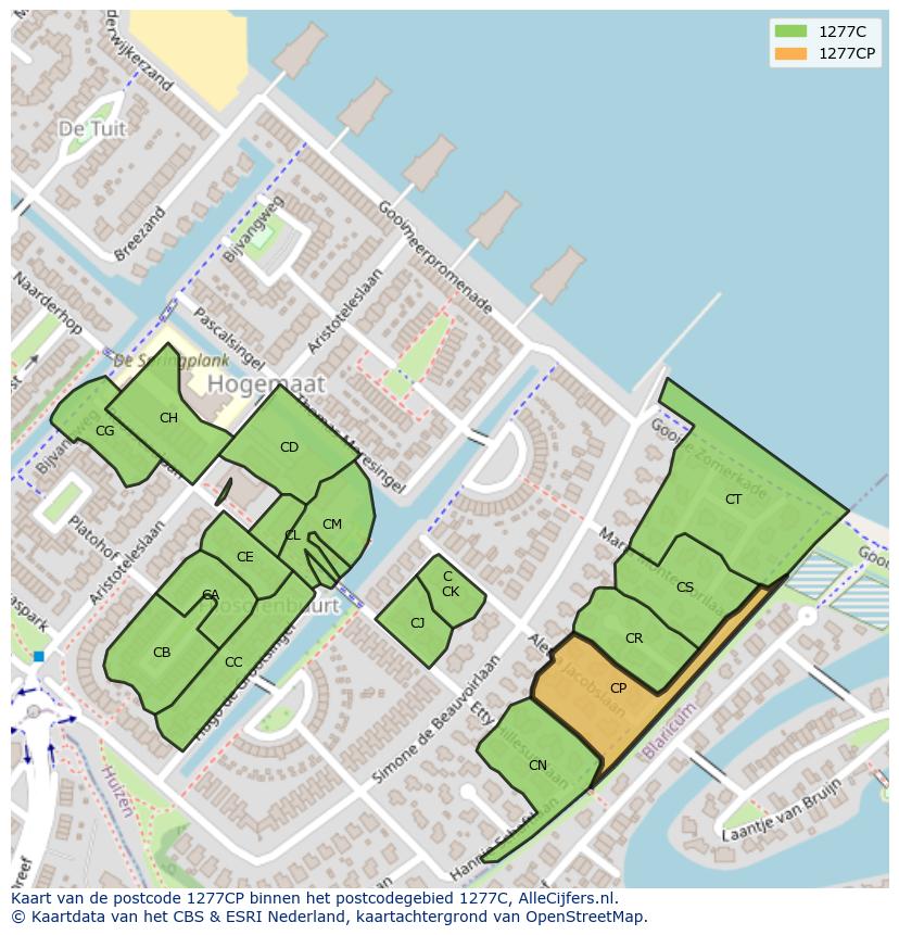 Afbeelding van het postcodegebied 1277 CP op de kaart.
