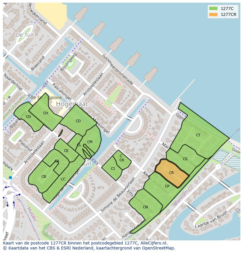 Afbeelding van het postcodegebied 1277 CR op de kaart.