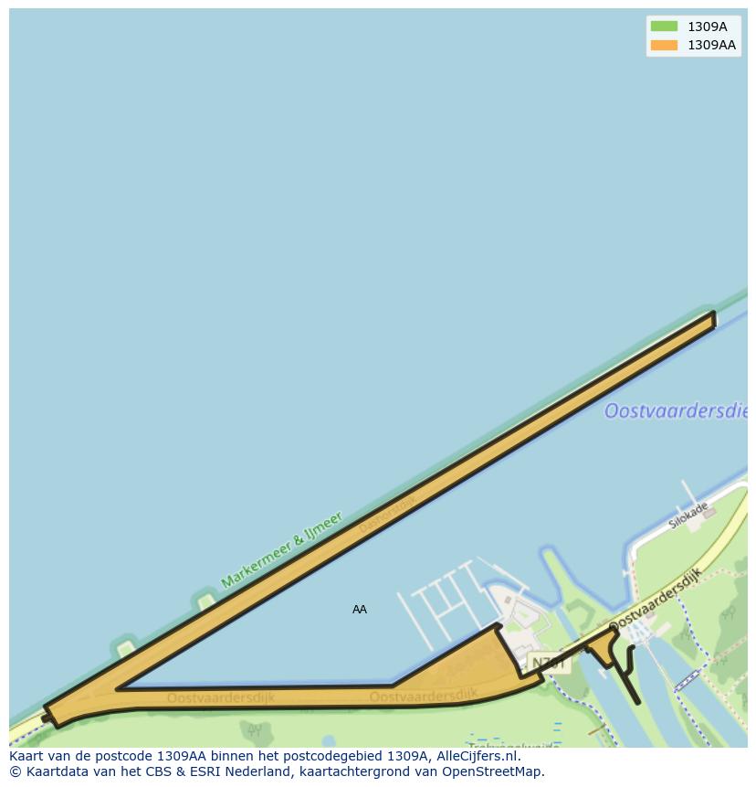 Afbeelding van het postcodegebied 1309 AA op de kaart.