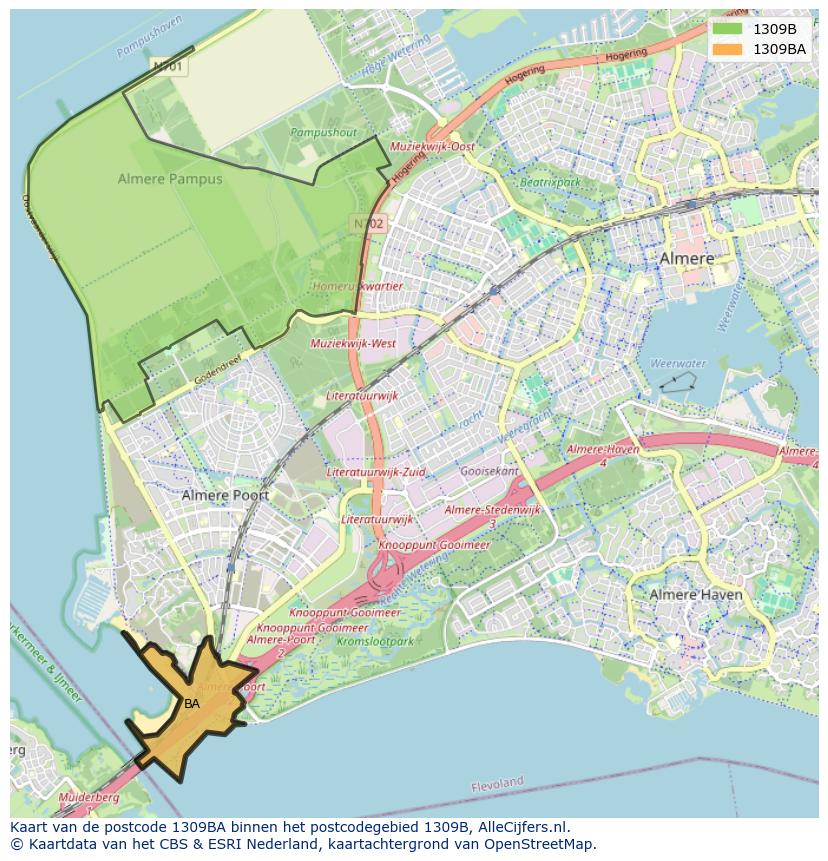 Afbeelding van het postcodegebied 1309 BA op de kaart.